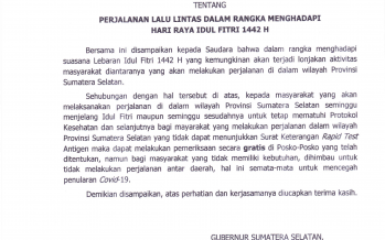 Surat Edaran Gubernur Sumatera Selatan Tentang Perjalanan Lalu Lintas Dalam Rangka Menghadapi Hari Raya Idul Fitri 1442H